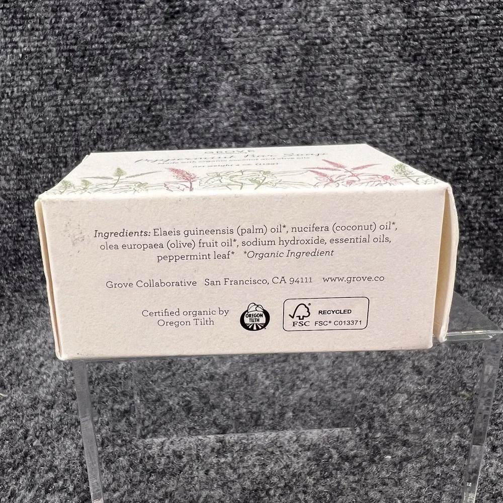 Grove Collaborative Peppermint Bar Soap 4 oz Organic Coconut & Olive Oil New